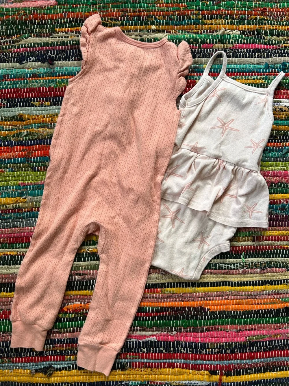 Cloud Island Peach Ribbed Romper & Gerber Starfish Print Ruffled Onesie 18 MOS